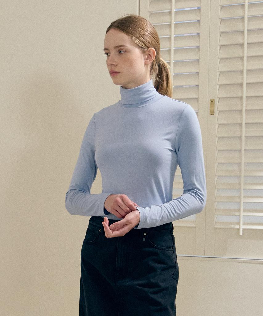 BASIC HOUSE Women'S Stretch Turtleneck Long Sleeve T-Shirt Blue Lats0218