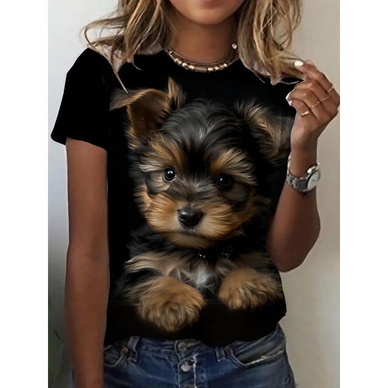 Women's Tops Trend T Shirt 3D Dog Graphic Printing Summer Breathable Round Neck Short Sleeved Top Fashion Clothes for Woman