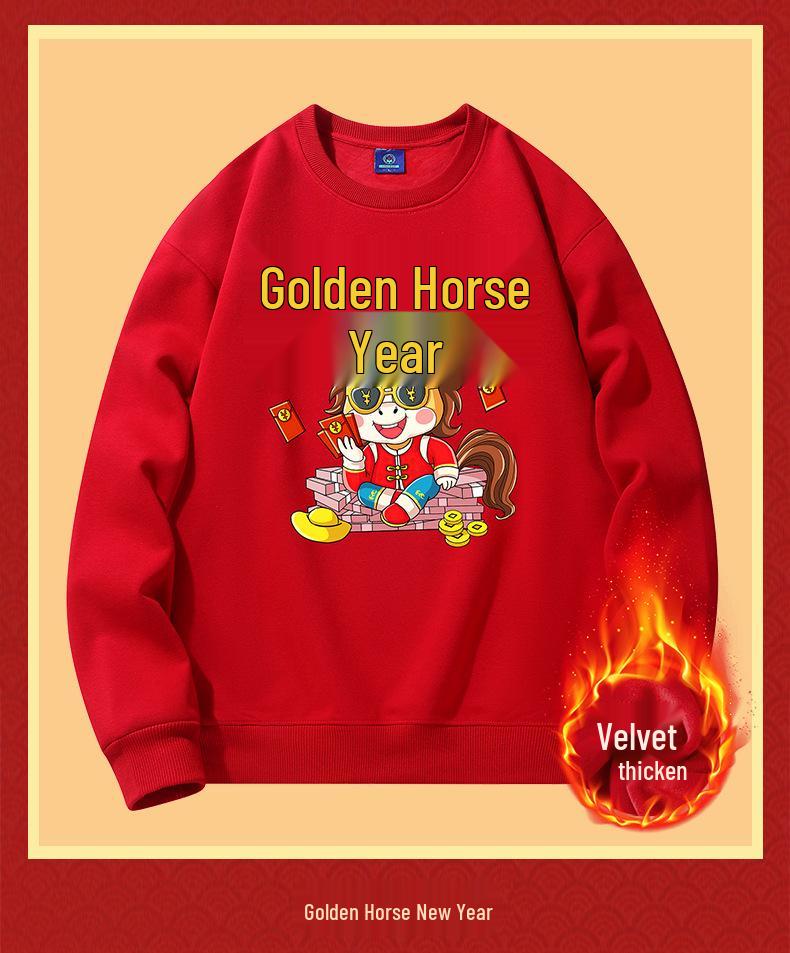 2026 Year of the Horse Red Zodiac Hoodie Fleece-Lined Loose Fit Long Sleeve Men's Clothing