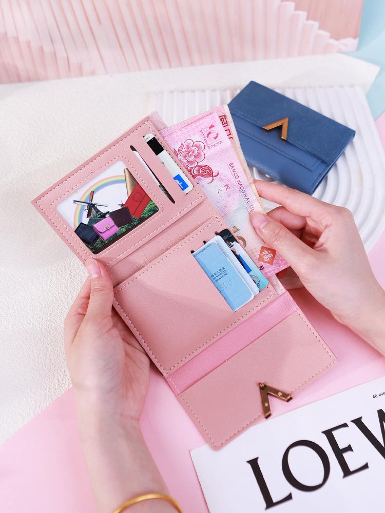 New Style Tri-fold Ladies' Wallet - V-shaped Retro Card Holder, Frosted PU Leather, Simple Student Money Clip