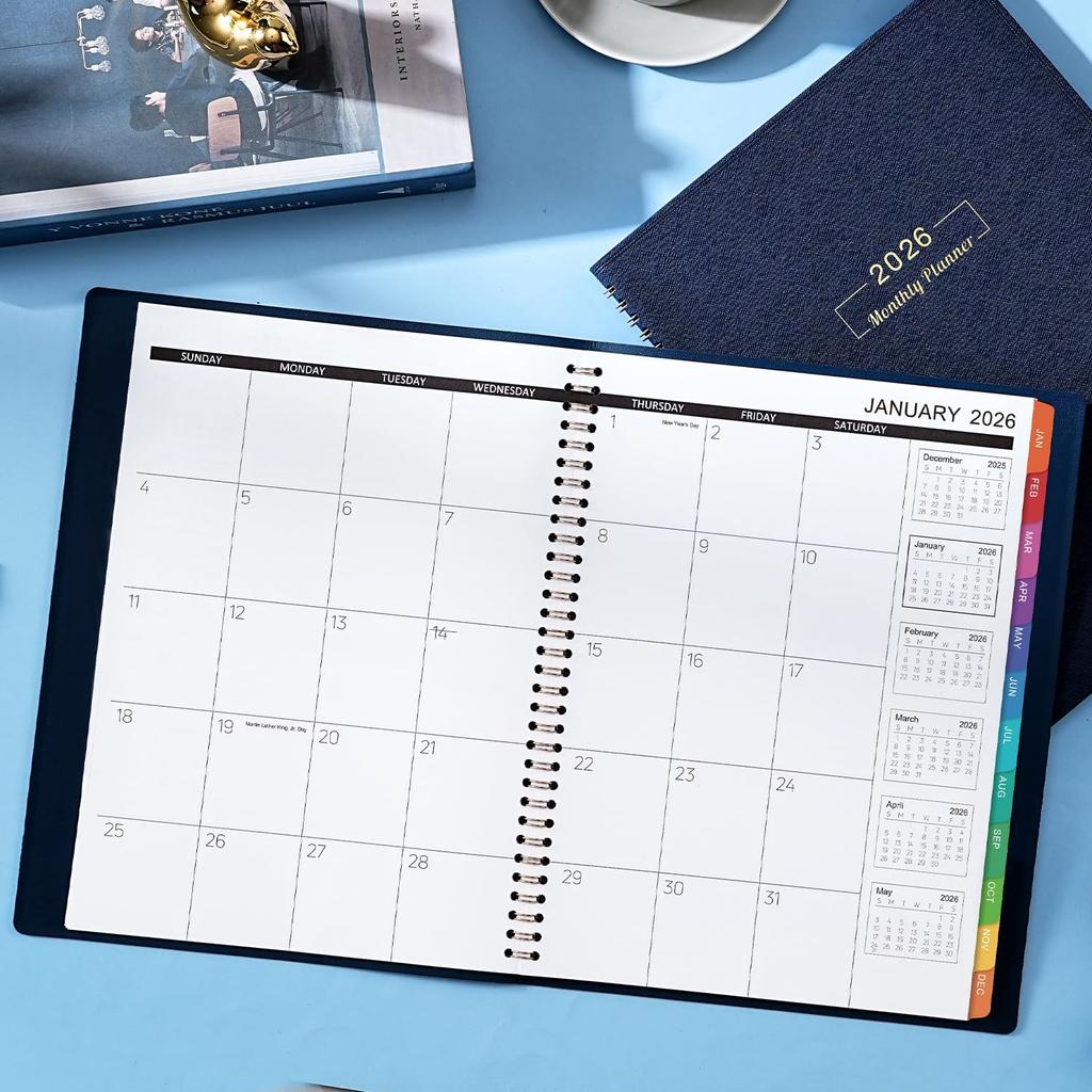 2026 Monthly Planner - 2026 Planner, Jan. 2026 - Dec. 2026, 9" x 11", 2026 Monthly Calendar,12 Colorful Tabs, Faux Leather, Pocket, Note Pages,