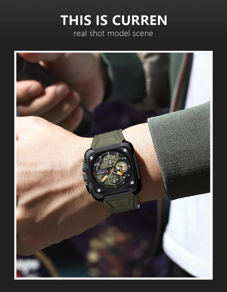 CURREN 8461 Men's Square Sports Watch with Silicone Strap and Multifunctional Six-Needle Calendar
