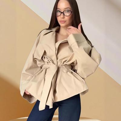 Autumn 2025 Elegant Apricot Women's Trench Coat with Large Lapel and Tie-Up Belt
