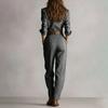 Women's Long Sleeved Lapel Button Retro Plaid Workwear Jumpsuit With Belt Included