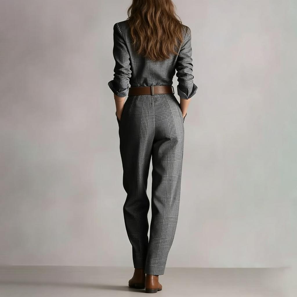 Women's Long Sleeved Lapel Button Retro Plaid Workwear Jumpsuit With Belt Included