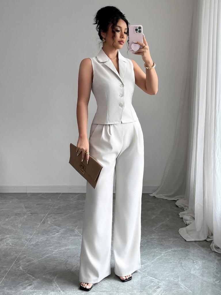 Set de vară în stil francez european-american cu vestă cu nasturi și pantaloni lungi pentru femei - 2025