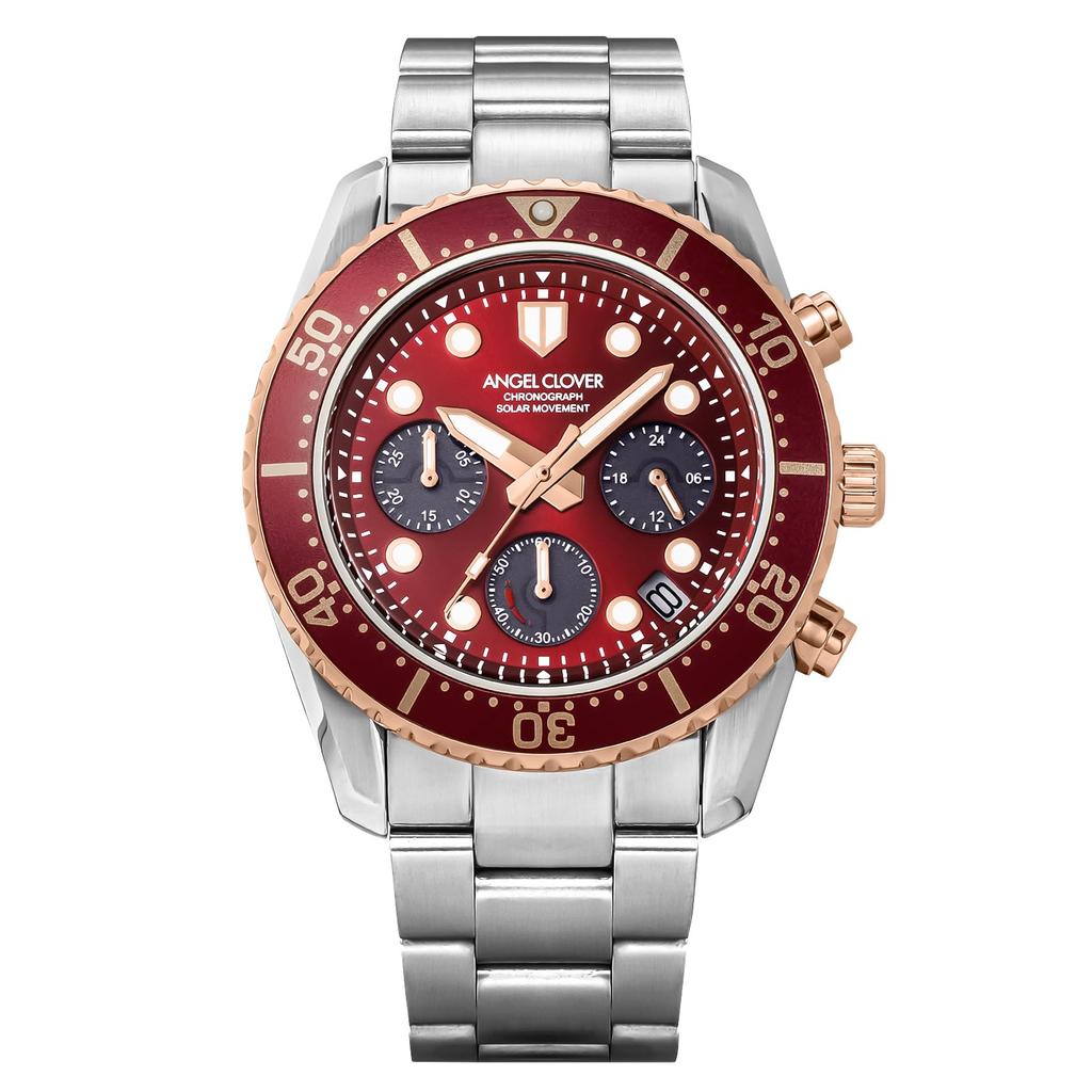 Angel Clover Sea Cruise Solar Watch SCC42SPRE Men's Mineral Glass Red Dial 42mm Water Resistant