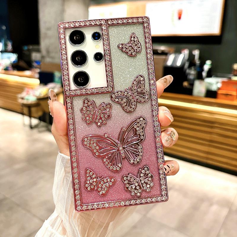 Gradient Glitter Powder Three Dimensional Butterfly Suitable for Samsung S25 Mobile Phone Case S24ultra Flash Diamond A14 A26 Protective Case