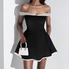 Women's Black and White Simple Backless One-length Neck Rasp Sleeves High Waist Dress