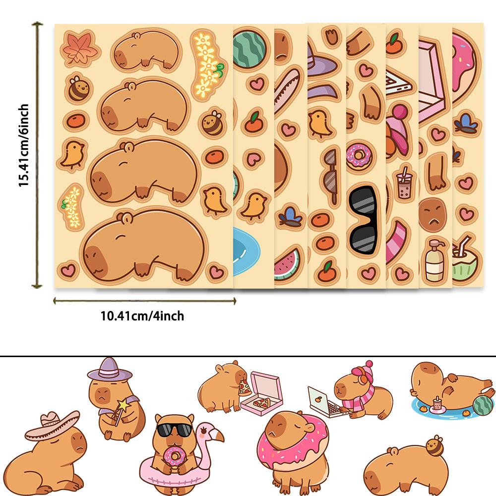 8Sheets Cute Capybara Puzzle Stickers Make-A-Face Assemble Funny Cartoon Decal Assemble Diy Jigsaw Children Boys Toys