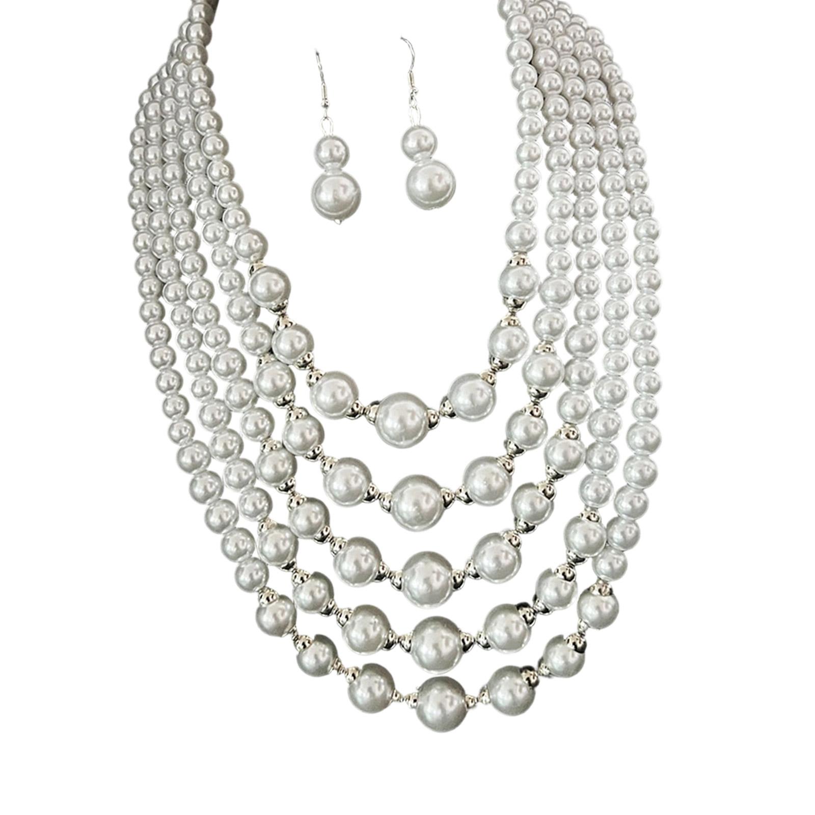 

Lightweight User Friendly Simulated Pearls Multi Strand Necklace Earring Combo Dateless Women’s Fashion Jewelry