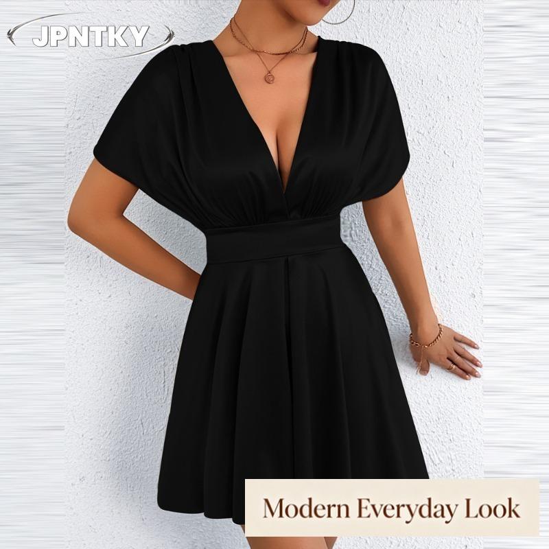 JPNTKY Women's Fashion Summer Spring Solid Color Print V-Neck Short Sleeve Casual Dresses