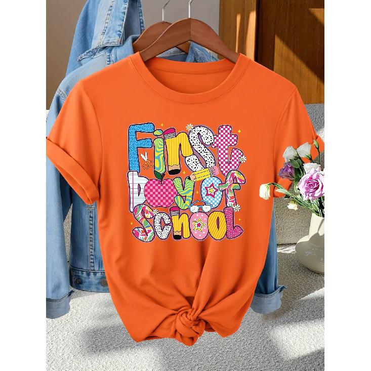 Back-to-School Season Fashionable and elegant with a variety of colors First Day of School Patterned Print Round Neck Short Sleeve T Women's