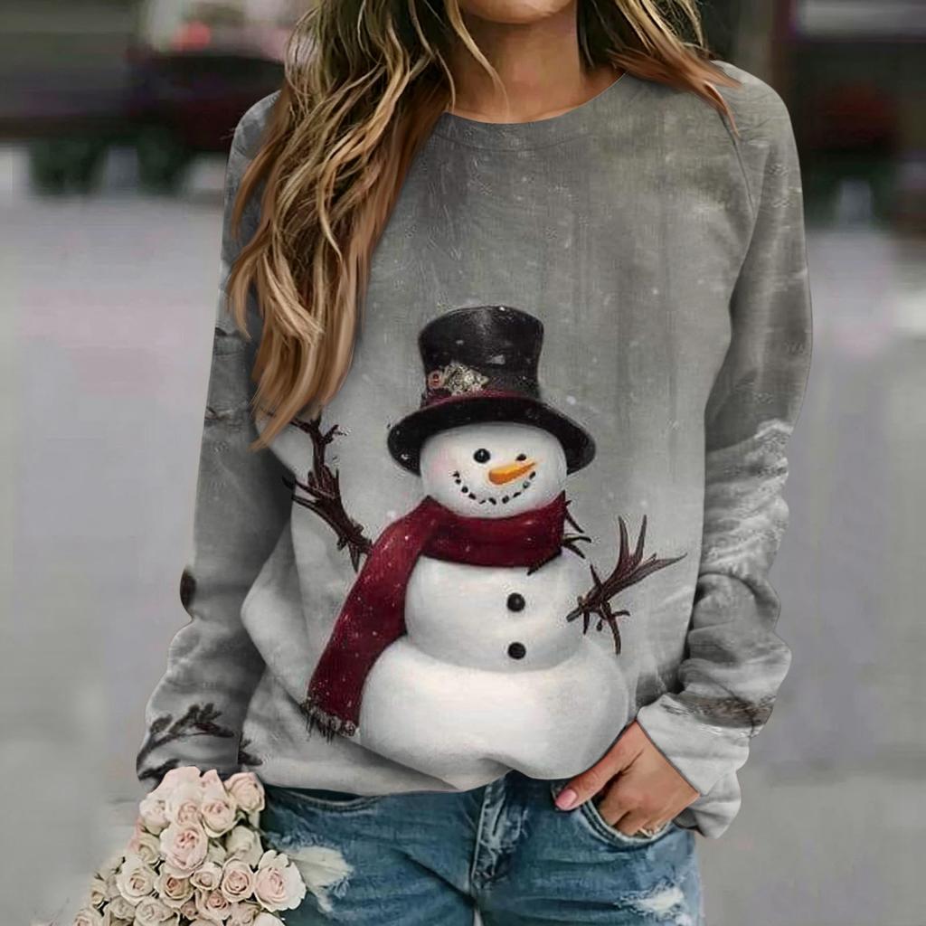 Women's Casual Christmas Print Neck Raglan Long Sleeve Pullover Sweatshirt