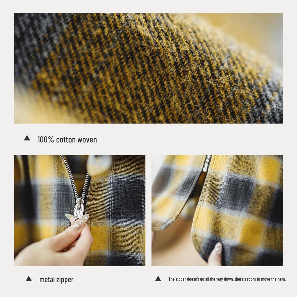 Women's Retro Plaid Brushed Cotton Shirt Jacket with Lapel - Long Sleeve, Spring