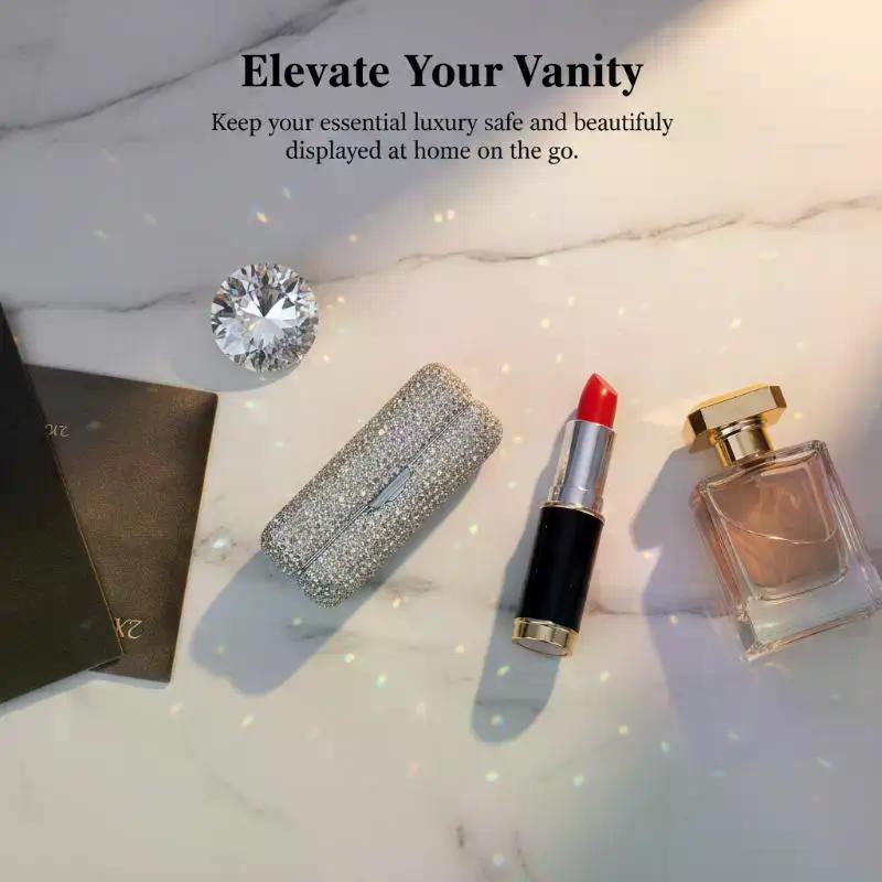 Rhinestone Crystal Lipstick Case Sparkly Portable Storage Holder Elegant Travel Organizer for Women Daily Use Gift