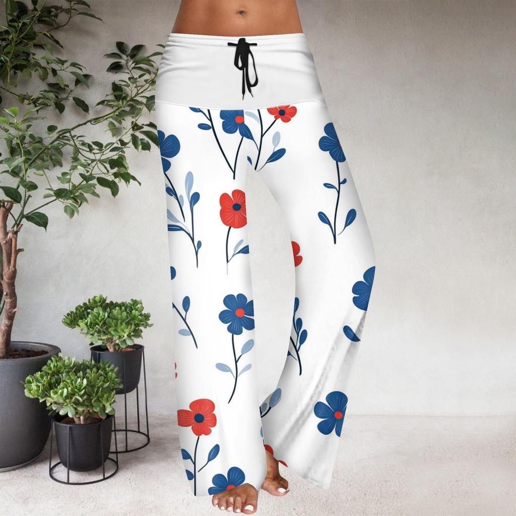 Women's Drawstring Elastic Waistband Wide Leg Color Matching Floral Printed Casual Pants
