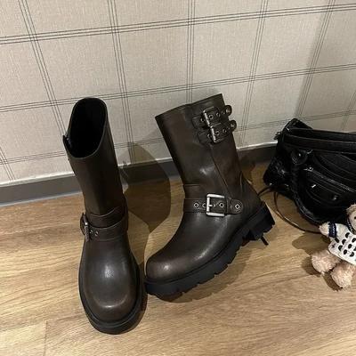 Fashion Round Toe Low Heel Modern Boots Square Heel Slip-on 2024 Hot Sale Ladies Shoes Spring/autumn Mid-calf Punk Women's Boots