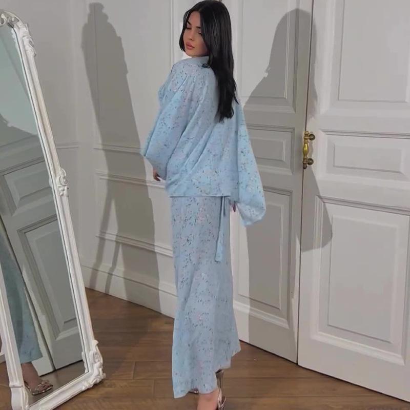 2024 Herbst Europäische & Amerikanische Mode Druck Fledermausärmel Oberteil & Taillenbetonender Langer Rock Set