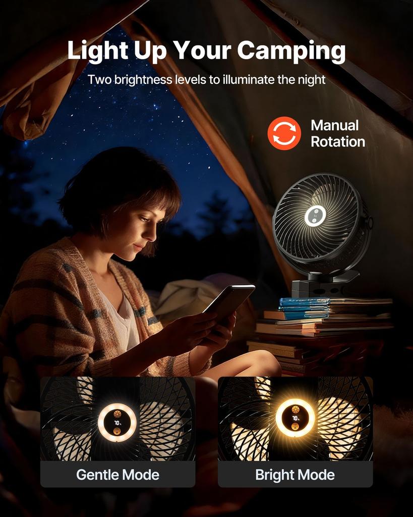 Portable Clip Fan, Rechargeable Clip On Fan with Light, USB Port with 3 Speeds & Circulation Mode, Strong Airflow Sturdy Clamp, Long Runtime for Desk,