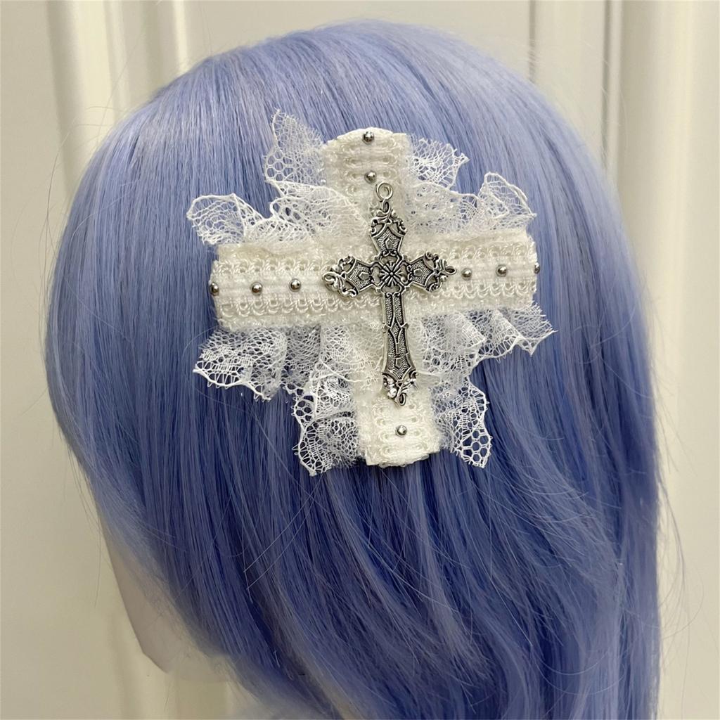 Lace Hair Clip Dark Balletcore Crosses Dark Flat Clip Halloween Hairpin Dark Elegant Hair Clip for Bunches