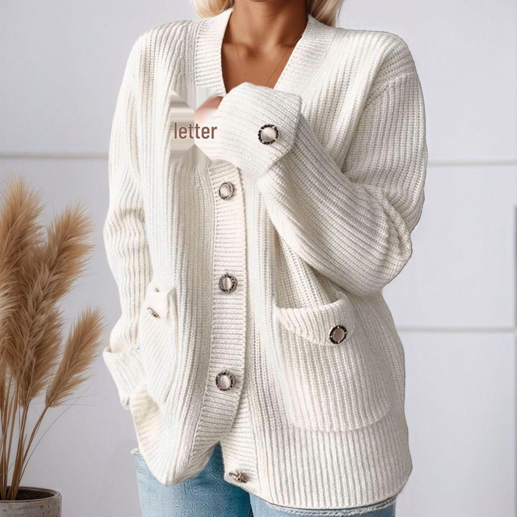 2025 Autumn/Winter Women's Long Sleeve V-neck Solid Color Knit Cardigan Sweater with Pockets
