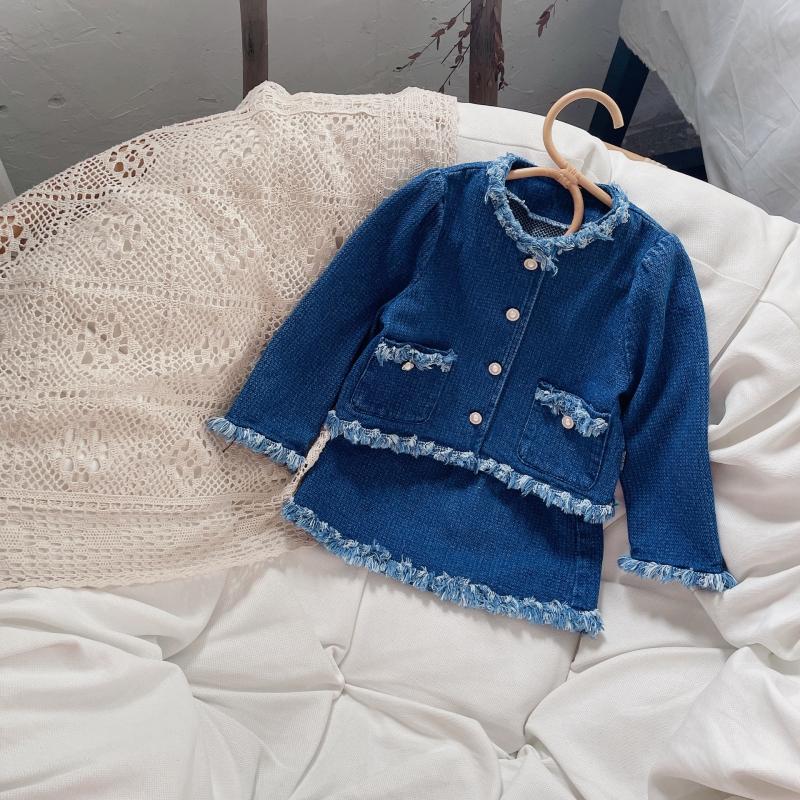 

Юбка, костюм для девочек, комплект из двух предметов, осенний детский костюм, удобная темпераментная джинсовая куртка с кисточками 110