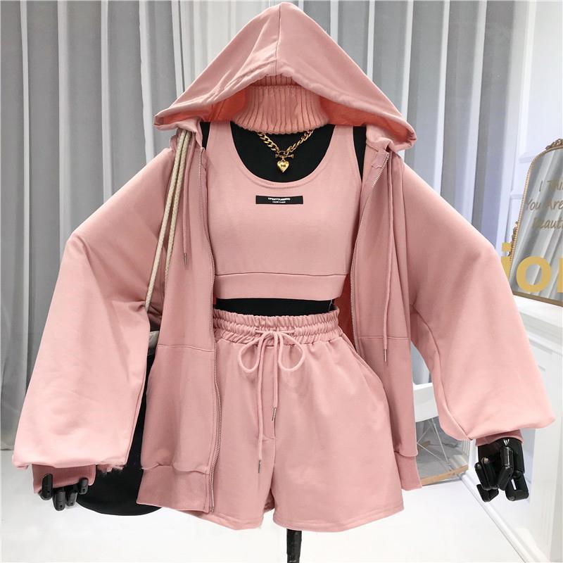 Casual Women Coat Drawstring Shorts Vest Set Breathable Women Hoodie Pocket Design Zipper Closure Female