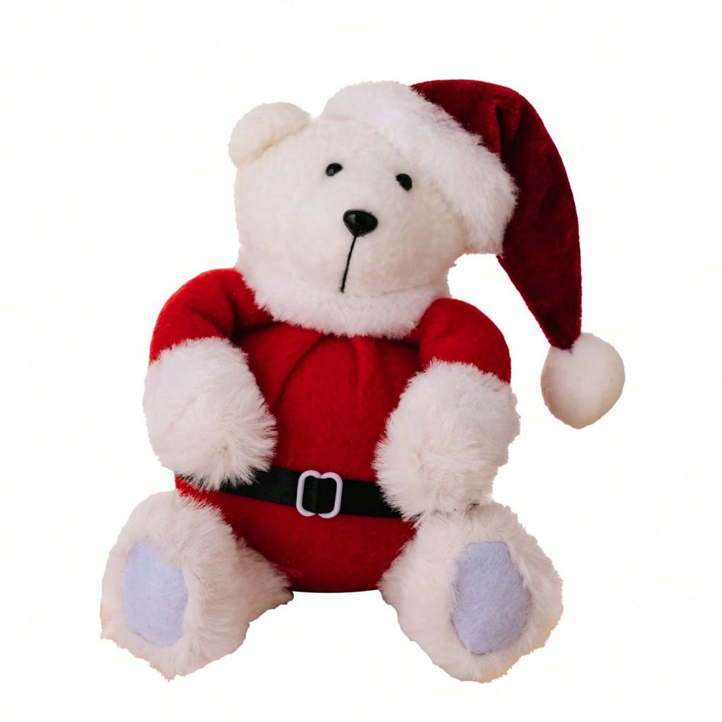 Festives Santa Dressed Sitting Bear Figurine Christmas Theme Animal Figure Ornament Plush Doll Home Decoration