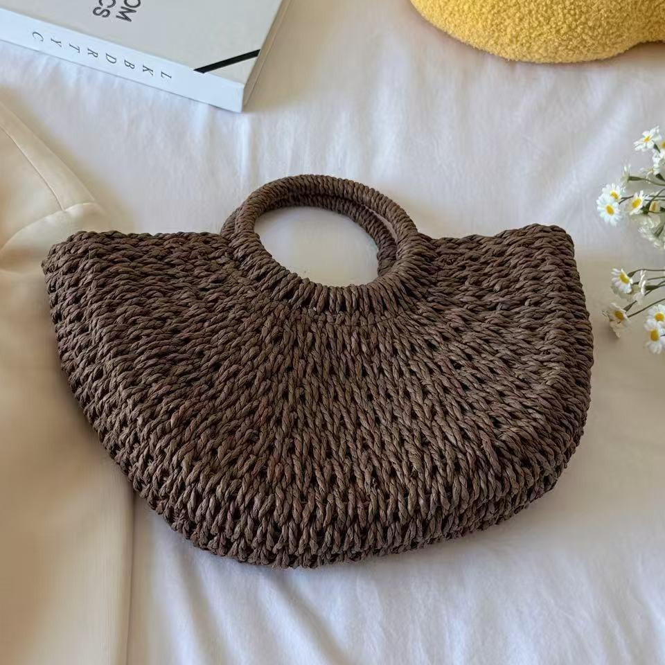 Stylish Handmade Straw Bag, Solid Color Large Retro Beach Portable Tote Bag for Women