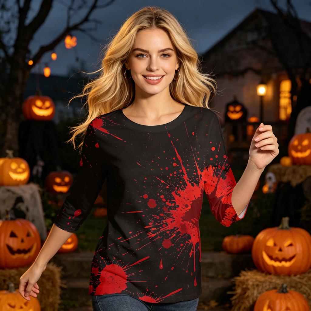 Halloween Shirt for Women 3/4 Sleeve Tunic Top Funny Splatter Pattern Casual Loose Holiday Graphic Blouse