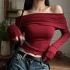Vintage Red Pullovers Women Slash Neck Slim Long Sleeve Short Basic Sexy Pleated New Hot Chic Ulzzang Streetwear All-match