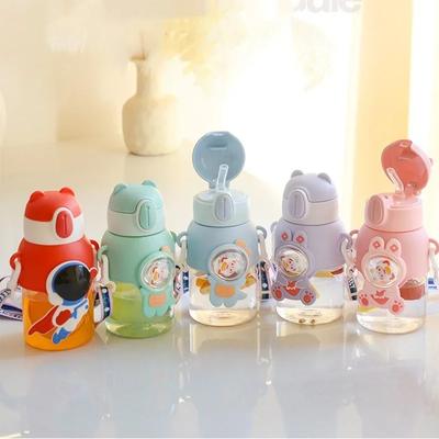 600ML Children's Straw Cup Plastic Drinking Cup with Adjustable Shoulder Strap Cartoon Student Portable Leak Proof Space Bottle