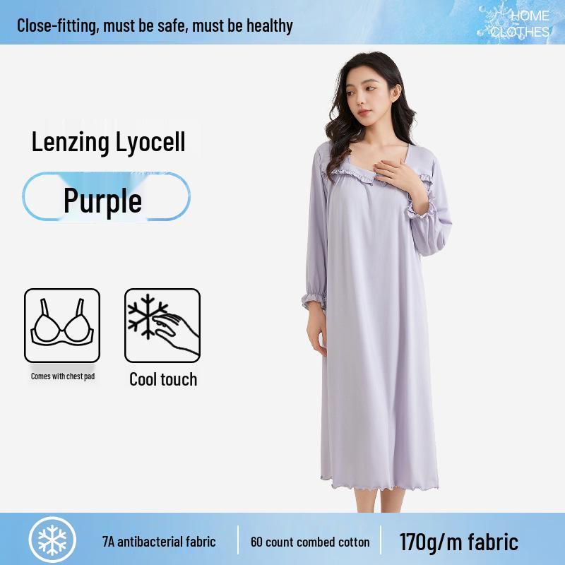 Plus Size Tencel Cotton Pajamas with Bra Pads: Summer Long Sleeve Cooling Nightgown for Women