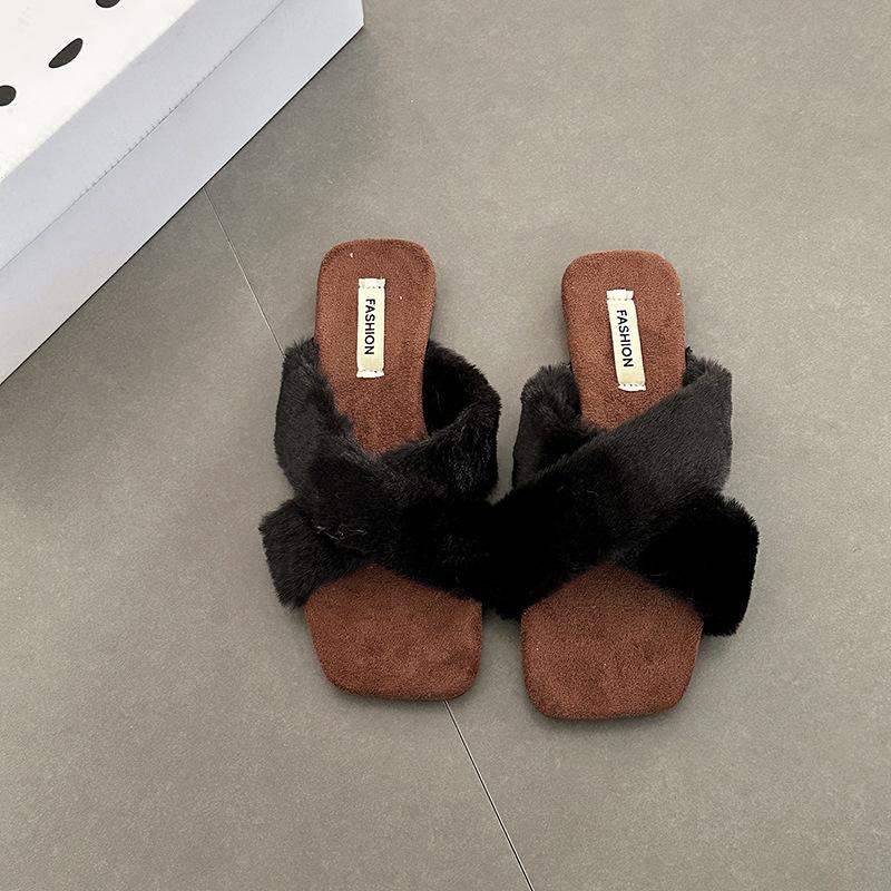 Fashion Cross-strapped Fluffy Slippers Women's Outer Wear Home Autumn and Winter French Niche Casual Temperament Simple Cotton Slippers