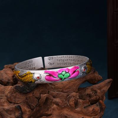 Nový Ryba Lotos Dušený Modrý Vintage Smalt Stříbrný Náramek Dámský Cloisonné Lotos Dvě Ryby Srdcová Sutra Náramek Narozeninový Dárek