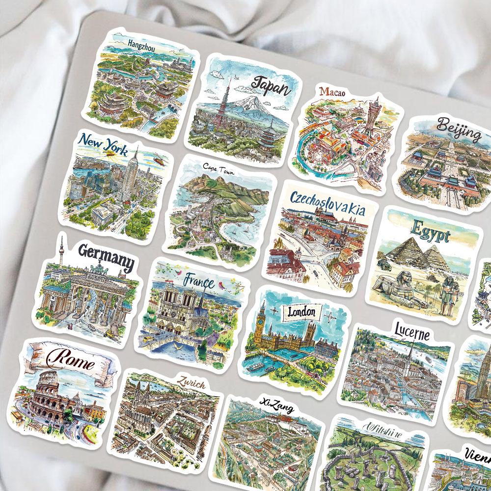 50 Hand-drawn Travel Map Graffiti Stickers Decorate Guitar Notebook Suitcase DIY Waterproof Stickers