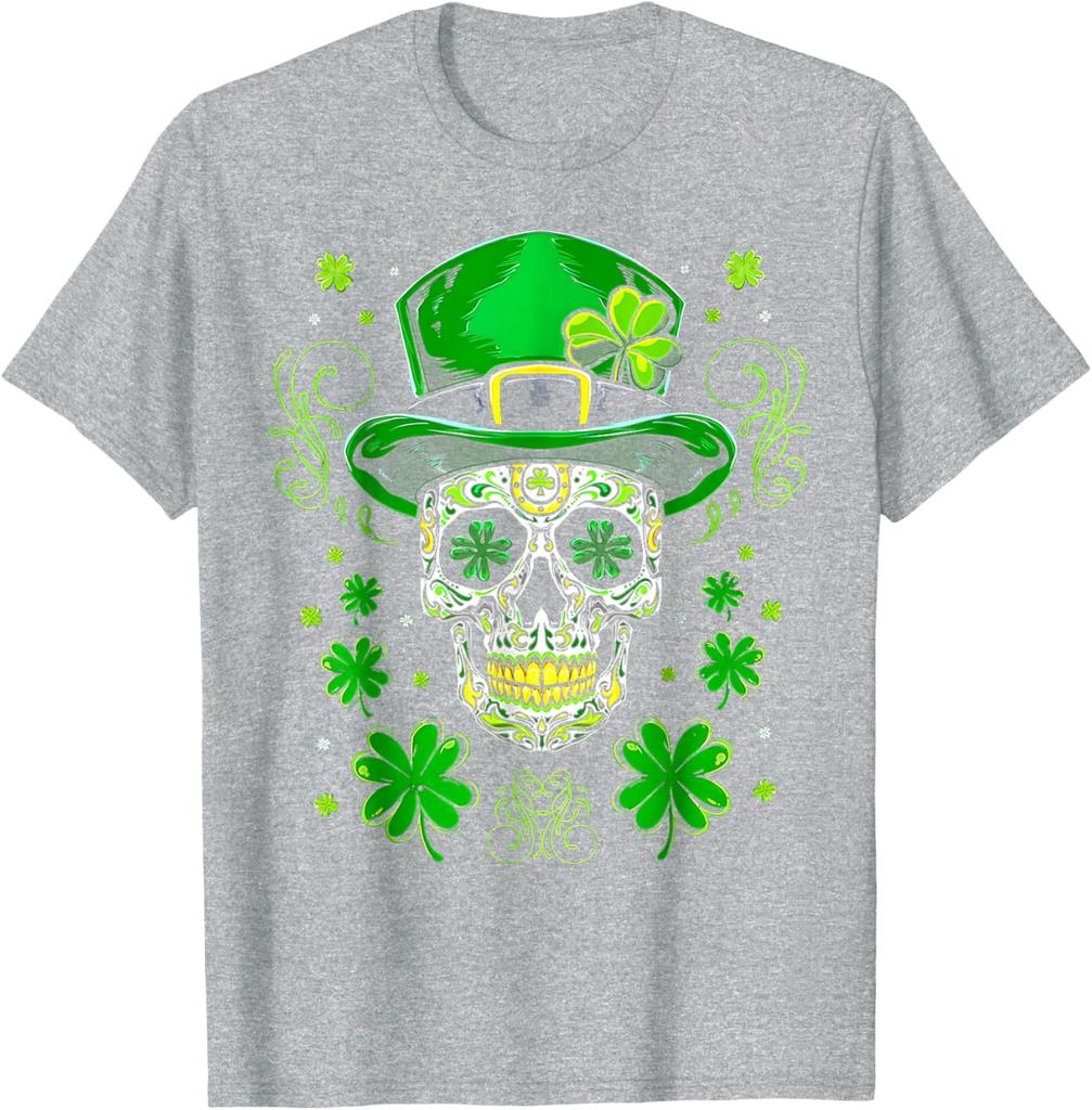 Sugar Skull Leprechaun Hat St Patrick Day Graphic Tee Cotton Short Sleeve Casual T-Shirt for Men