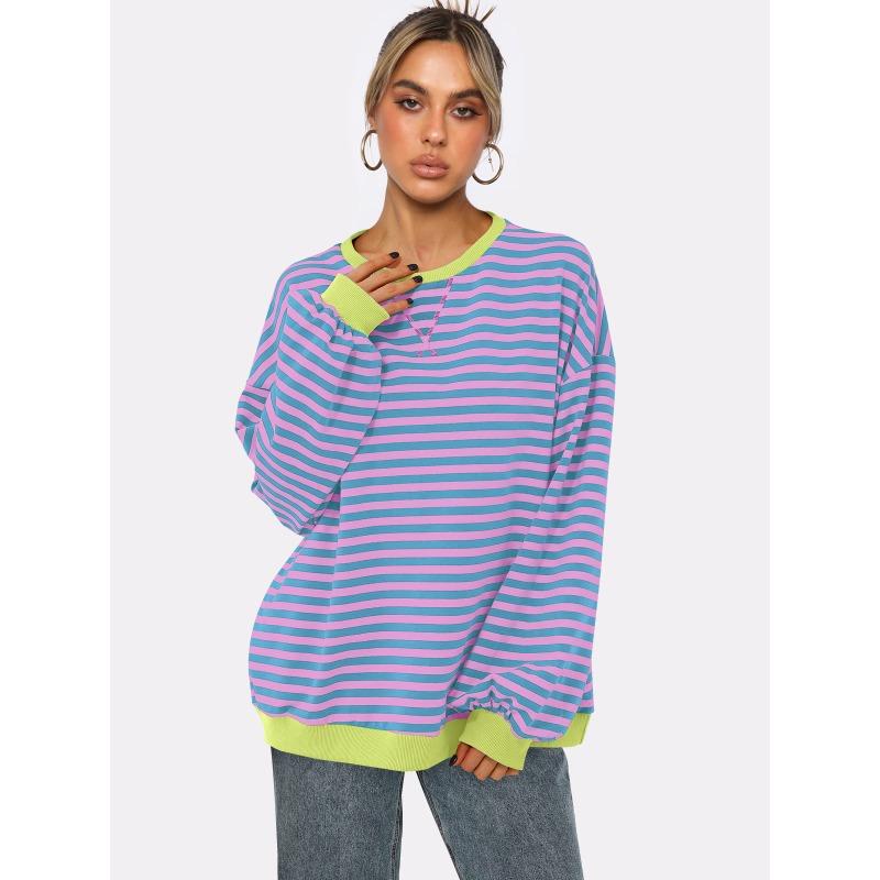 Dámská mikina s kulatým výstřihem a pruhy, volný top s lucernovými rukávy