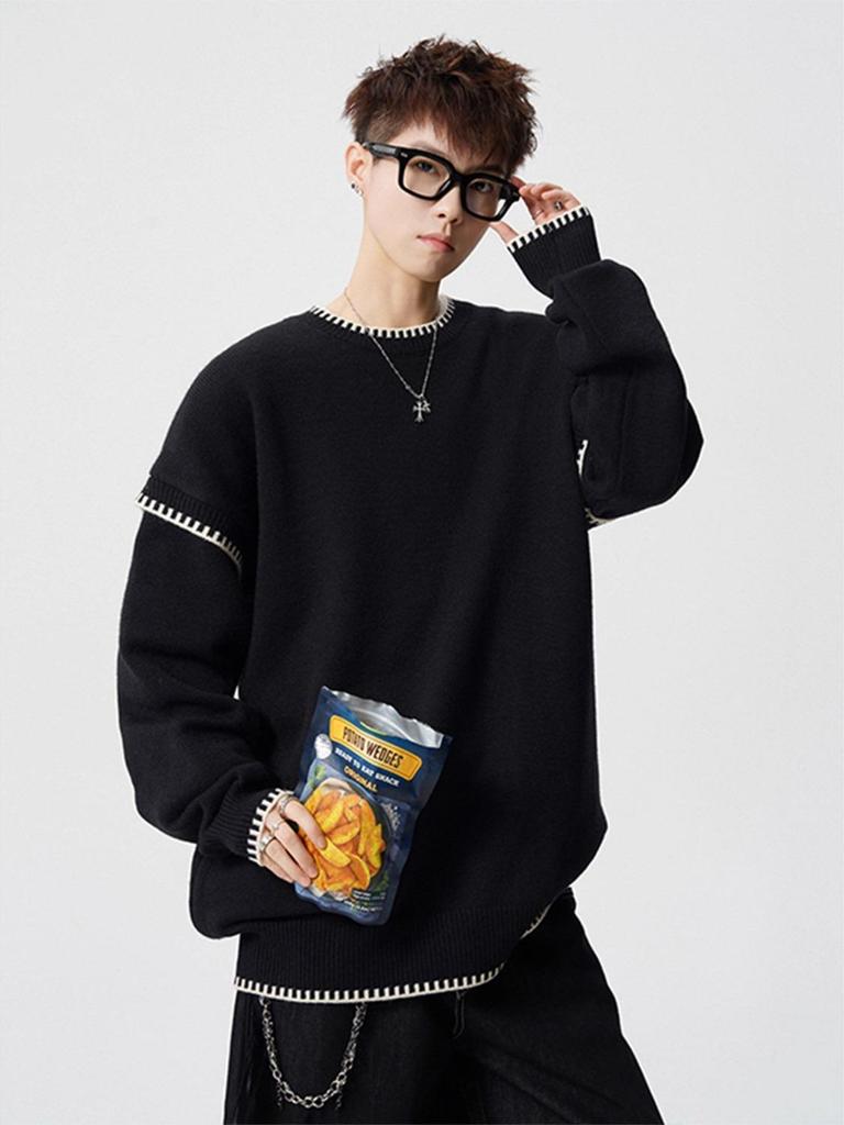 Men's Trendy Hand-Stitched High-End Knit Sweater with Contrasting Colors - Versatile and Stylish Base Layer