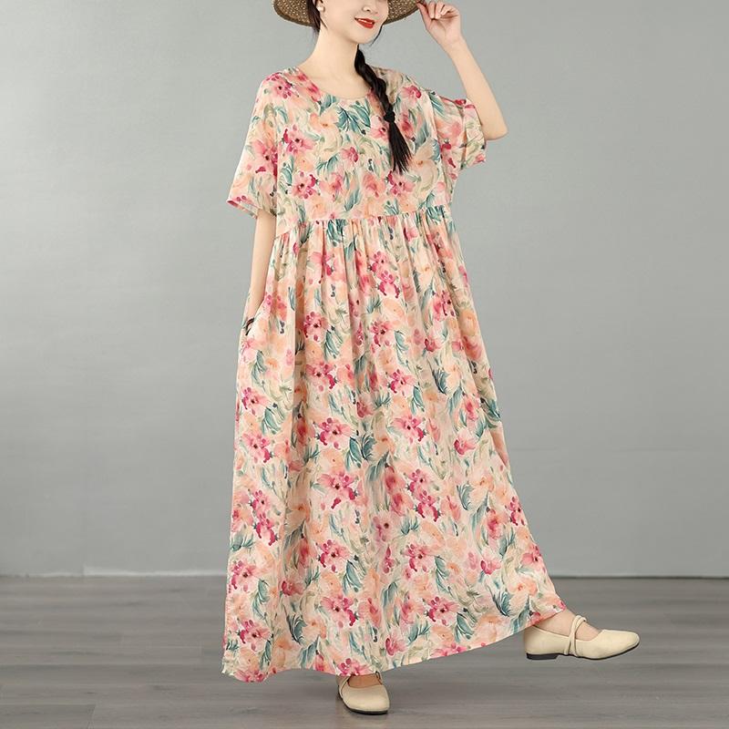 Kurzarm Plus Size Baumwolle Vintage Blumenmuster Neu in Kleidern für Damen lässig locker langes Sommerkleid