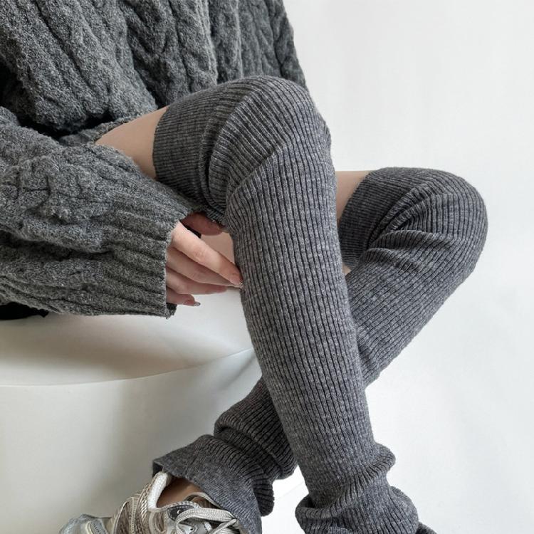 Women Japanese Ribbed Knitted Leggings Gaiters with Slit Buttons Harajuku Aesthetic Thigh High Leg Warmer Footless Socks
