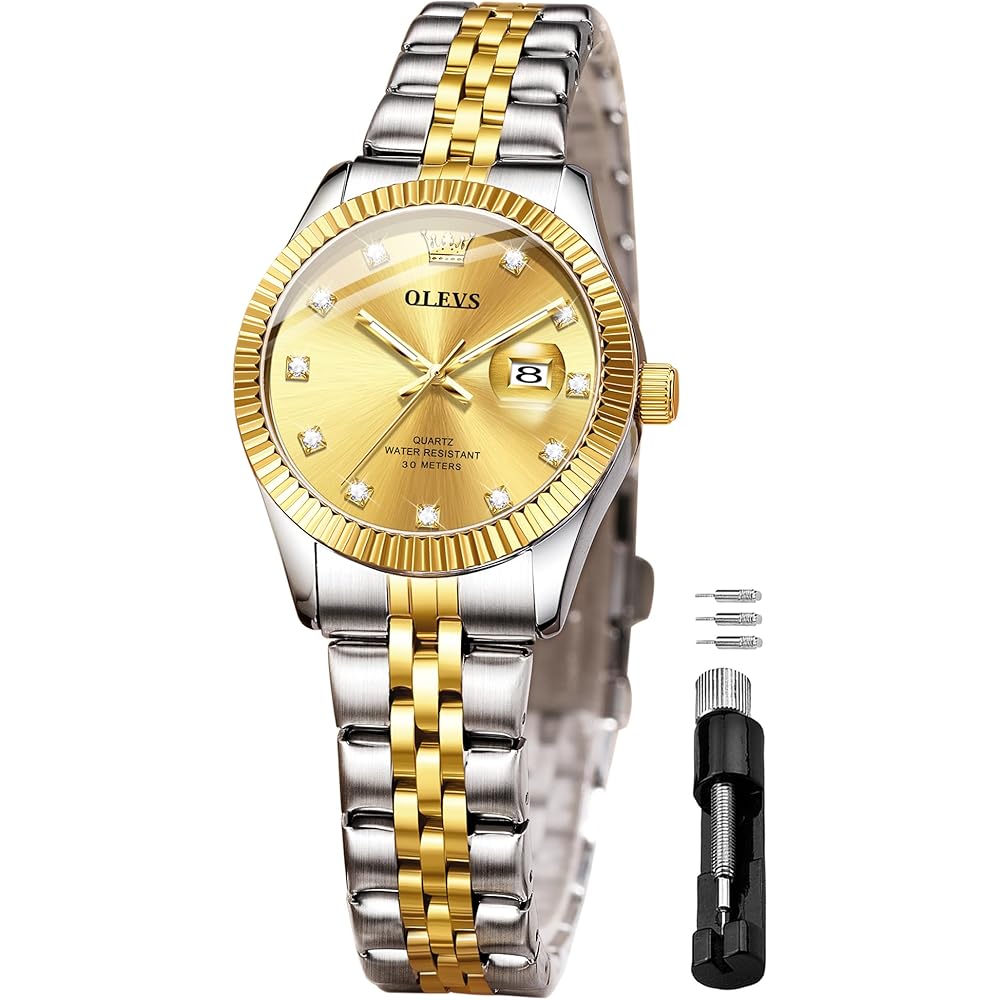 OLEVS Women s Fashion Dress Watch Analog Quartz Waterproof Stainless Steel Two-Tone with Diamond Gold Dial