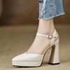 Handmade women's shoes new 2025 waterproof platform high-heeled sandals thick heel pointed buckle beige temperament high heels