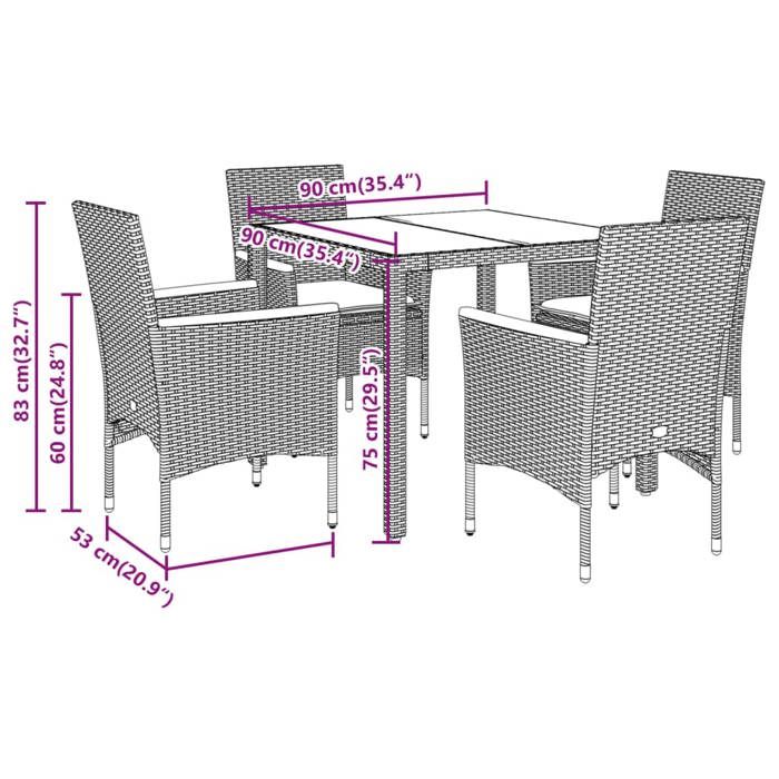 VidaXL Ensemble à manger de jardin et coussins 5 pcs noir rotin verre, ensemble de salle à manger d'extérieur, meuble de 3278646