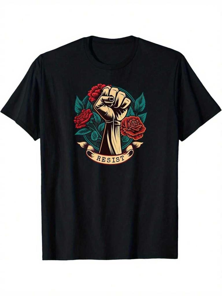 Tricou cu imprimeu trandafir Resist, Tricou imprimat unisex