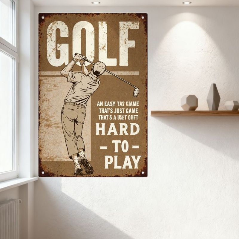 Vintage Golf Metal Sign Retro Golfer Mid-Swing Illustration Distressed 'GOLF' Word Weathered Rusty Tin Sign for Golf Themed Home