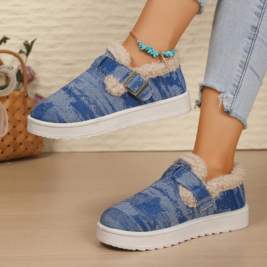 Fashion Women Snow Boots Metal Buckle Strap Platform Shoes Winter Warm Comfortable Slip On Women Shoes Round Toe Denim Ankle Booties