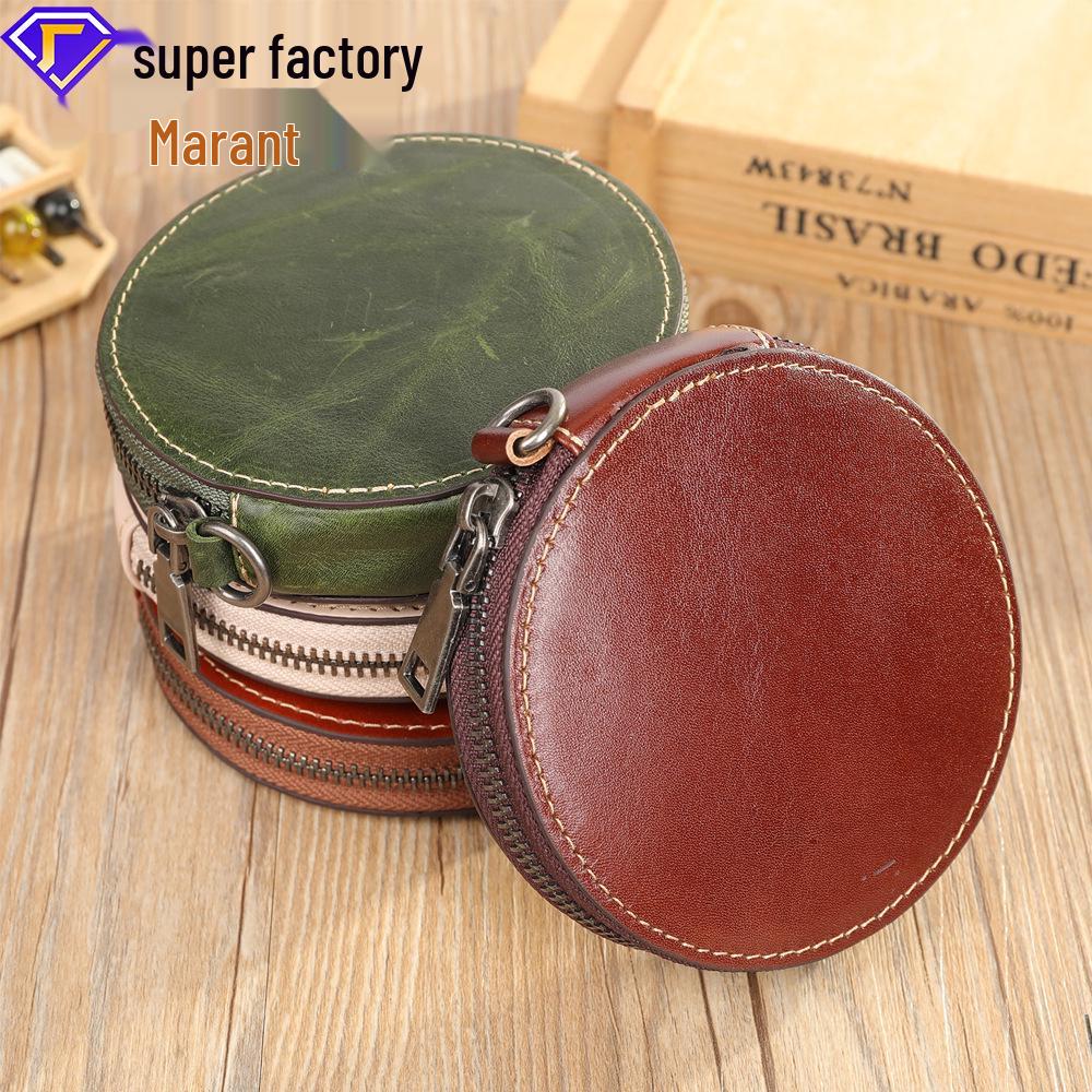Genuine Leather Creative Mini Round Coin Purse with Lanyard