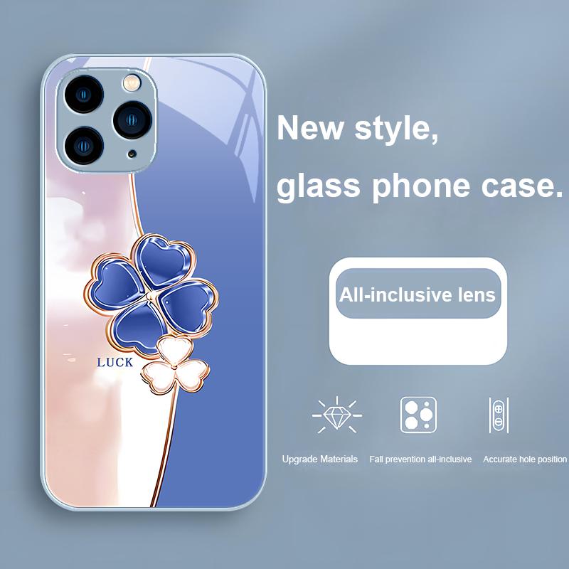 Four leaf clover deep purple grey for Iphone 15 14 13 12 11 Pro Max X XS XR 7 8 Plus 2020 2022 SE Tempered glass phone case